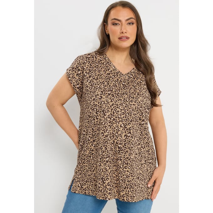 Yours Bruin Tshirt Met Luipaardprint En Borstzak Size 42