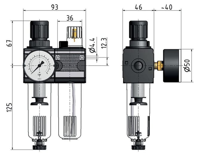 FRL G3/8'' 1200l/min 0,5-10,0bar/7-145psi Cilinderlock Multifix 1