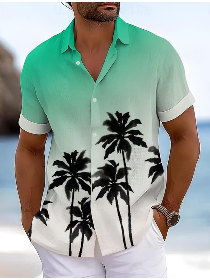 Chemise Imprimée 3D Arbre de Coco Été Hawaïenne Homme Manches Courtes Vacances Été Revers Boutonnée L blue