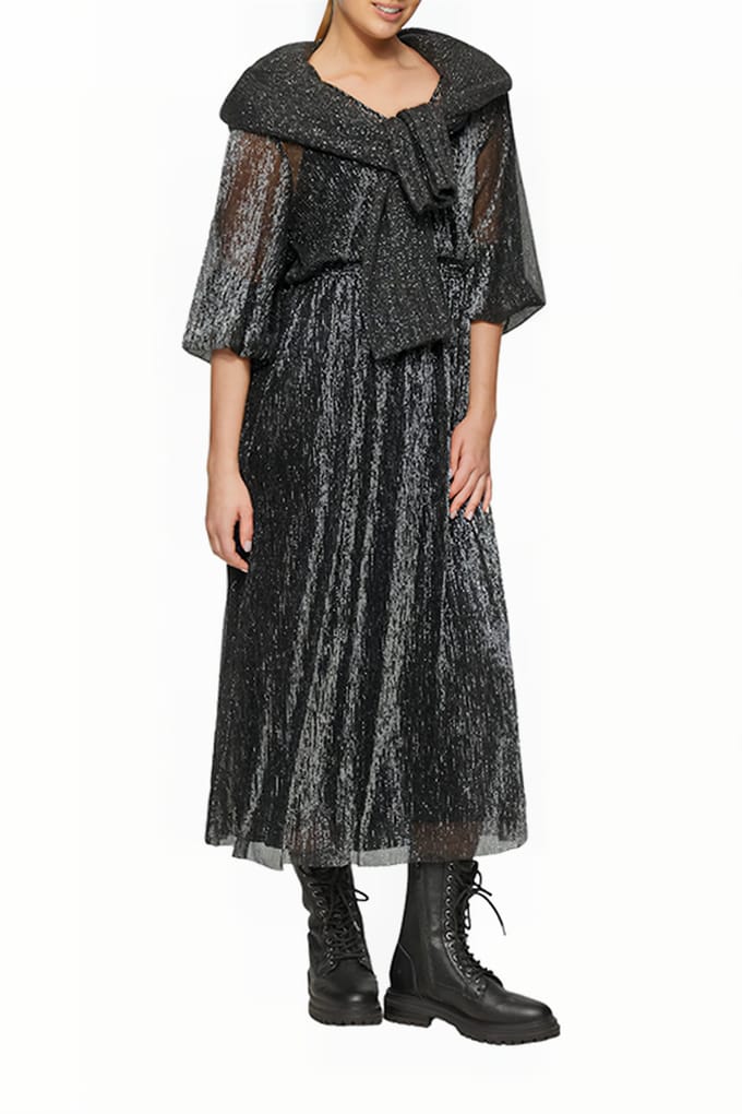 s.Oliver - female - Lange jurk van mesh met glitterdraad en een gesmokt detail