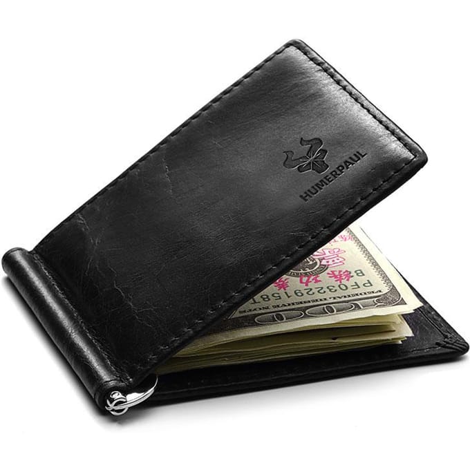 HUMERPAUL Portefeuille pour hommes en cuir léger à deux volets Pince à billets Portefeuille de mode mince M noir