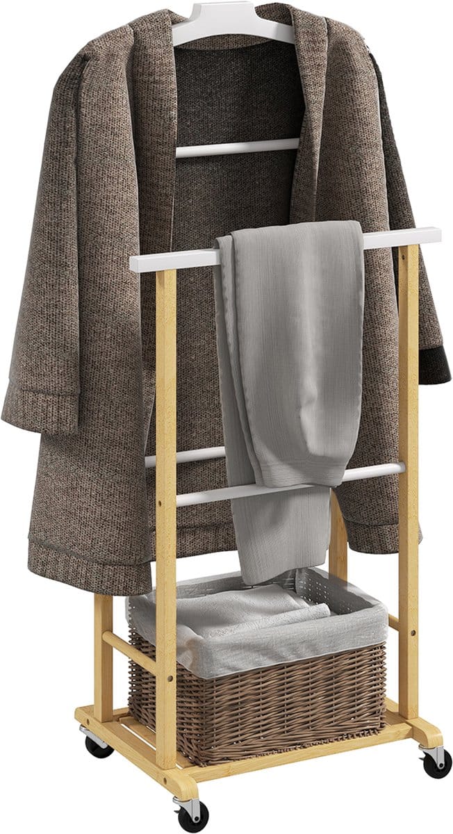 HOMCOM Kledingrek - Bamboe - 47 x 33,7 x 105,5 cm - Natuurlijk hout en wit