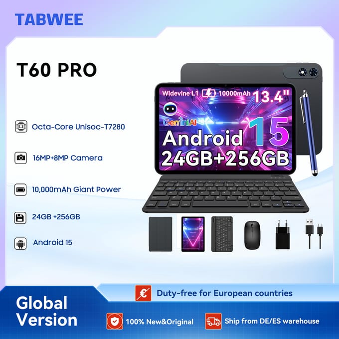 TABWEE T60Pro-tablet 13,4 inch, Android 16, 120 Hz, 2K FHD+, 5G, wifi, octa-core, 24 GB (8+16) RAM + 256 GB ROM, 10.000 mAh, 18 W snelladen, 8 MP + 16
