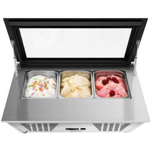 GGM Gastro Tisch-Eisvitrine - 870mm - Statisch - für 4x 5 Liter Eisbehälter - gerader Deckel - Deckelöffnung zur Bedienseite