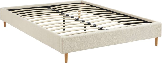 sweeek - Bed met lattenbodem, bouclé afwerking, wit