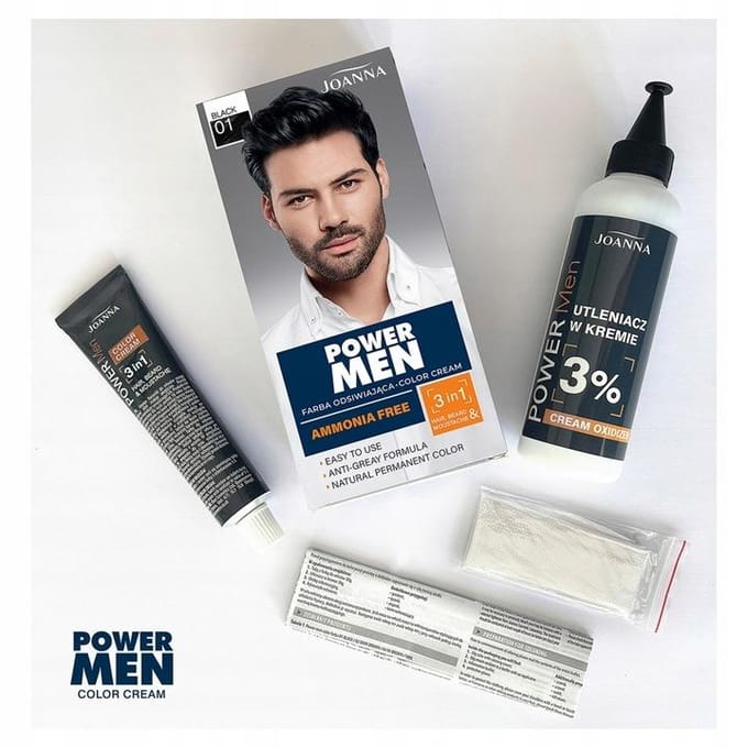 Joanna - Power Men Color Cream 3In1 Hair Beard Moustache 01 Black 30G