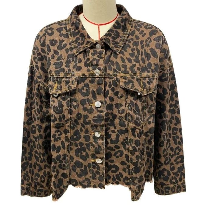 Manteau en denim léopard à la mode pour femmes, printemps S gray