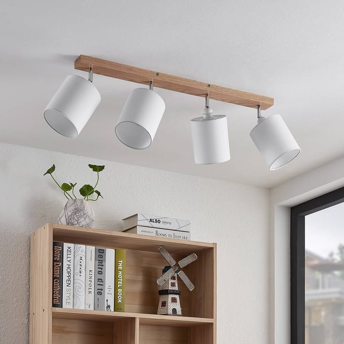 Lindby - buitenspot - 4lichts - Eikenhout, textiel - H: 26 cm - E27 - licht hout, wit