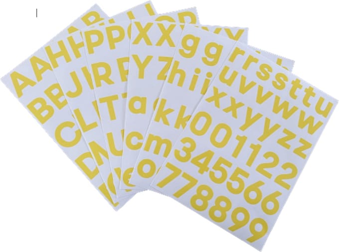 plakletters geel | alfabet stickers | met cijfers | hoogte 4 cm