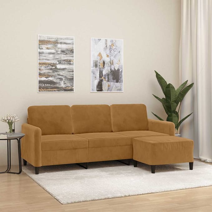 vidaXL - Driezitsbank - met - voetenbank - 180 - cm - fluweel - bruin