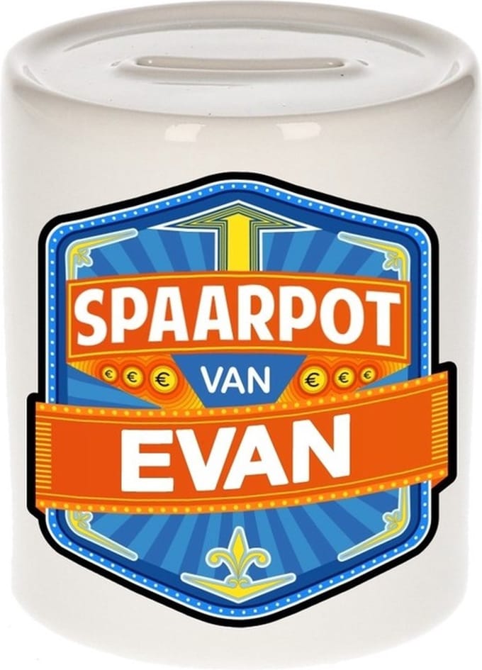 Bellatio Decorations Kinder spaarpot met naam - Evan - keramiek - met dop - wit - Sparen - Spaargeld van Evan