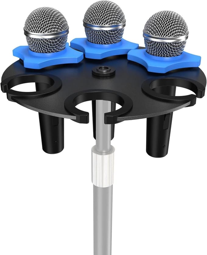 Multi-microfoonhouder met 6 slots voor microfoonstandaard, stevige basis en anti-roll ringen, geschikt voor diverse schroefdiktes