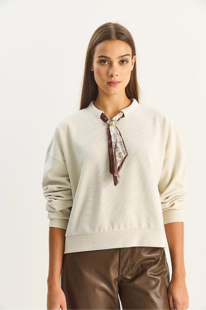 Ronde Hals Geribd Sweatshirt met Sjaal Accessoire Detail