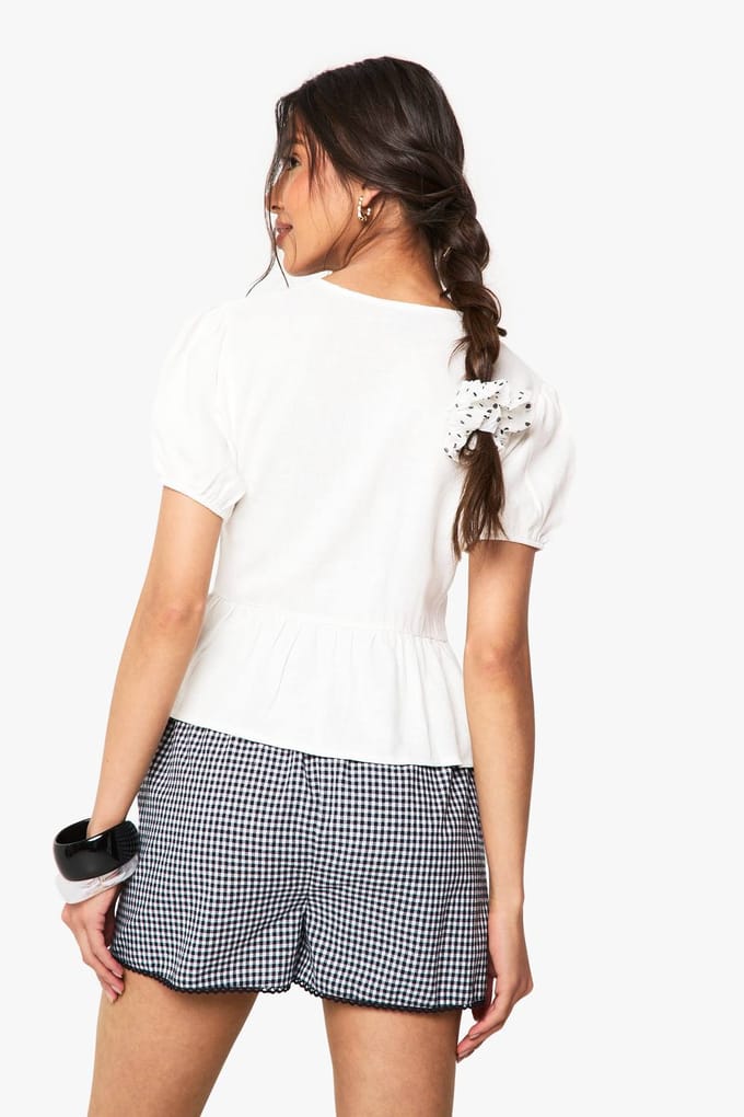 boohoo Dames Linnen-look top met strik en pofmouwen | Wit | Maat: 38