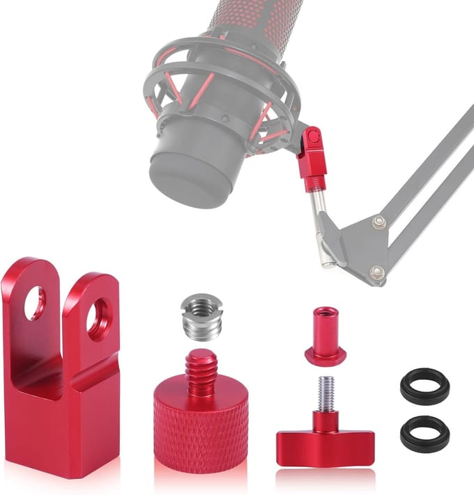 Microfoonsteun Adapter van Metaal - Inclusief 3/8" of 1/4" Schroefadapter - Compatibel met Hyperx Quadcast Microfoonstand en Vervangende Microfoonarm Accessoire (Rood)