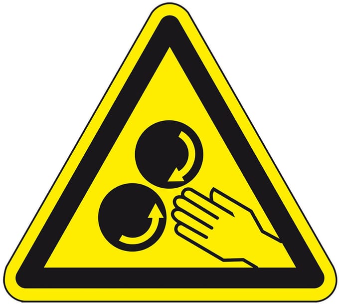 Hand tussen draaiende rollen waarschuwingsbord 100 mm