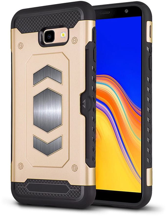 Ntech Geschikt voor Samsung Galaxy J4 Plus (2018) Luxe Armor Case Pashouder - Goud