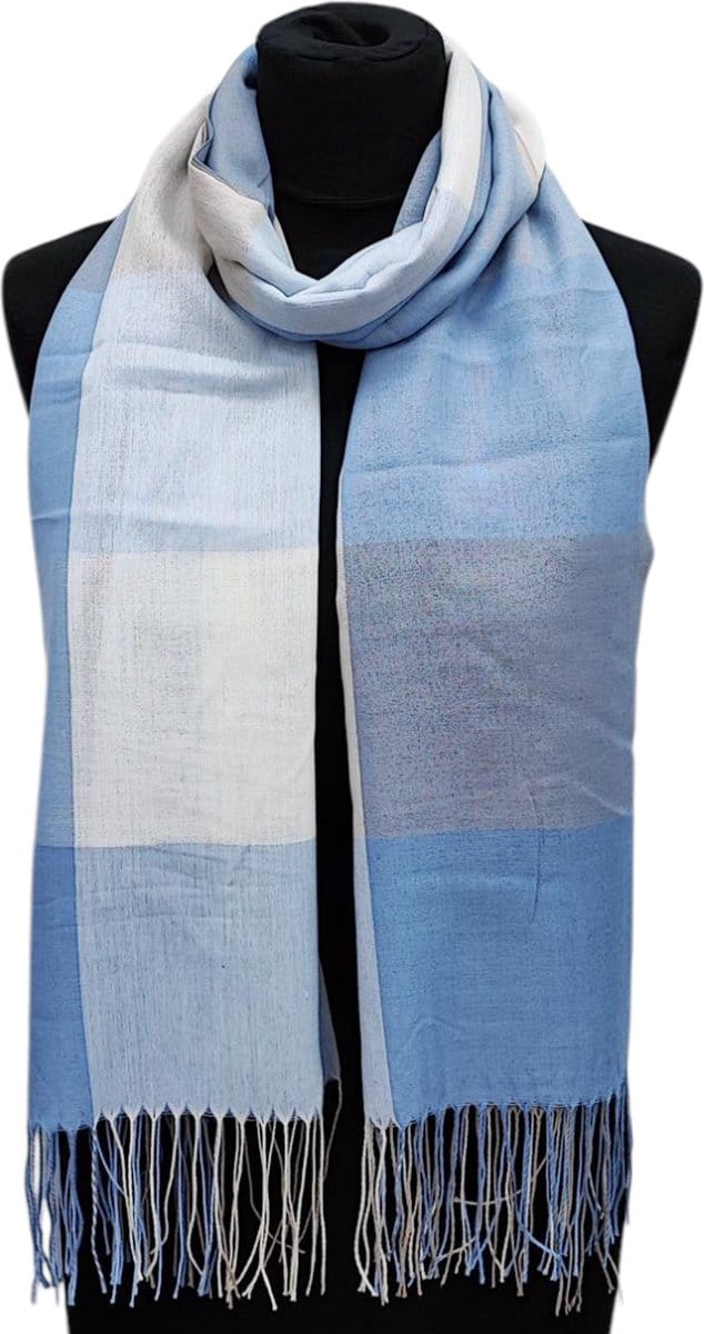 Lange Dunne Sjaal - Geblokt - Blauw/Beige - 190 x 70 cm (223)