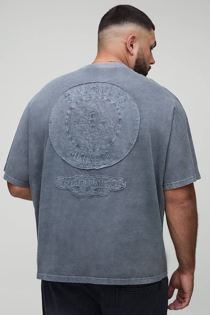 Plus Oversized Worldwide Gewassen Applique T-Shirt | Charcoal | Size 3XL