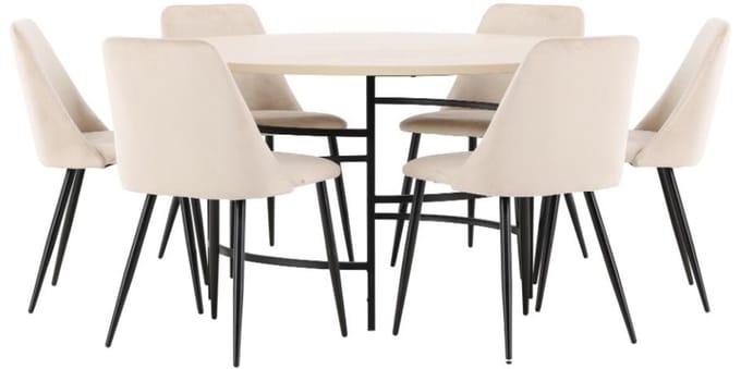 Copenhagen eethoek tafel Ø140cm en 6 stoelen whitewash, beige.