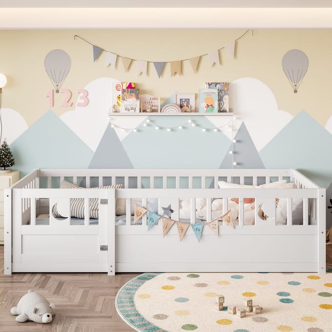PHOEBE CAT Kinderbed - 90 x 190 cm - Met vangrails - Sterren- en maanthema - Met deur - Wit