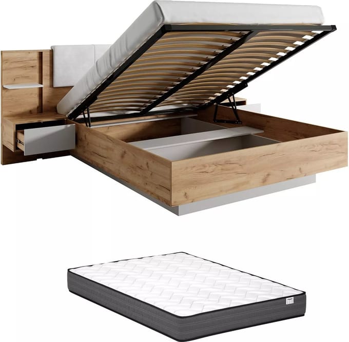 Vente-unique Bed met opbergruimte fluweel natuurlijk licht, wit 160 x 200 cm