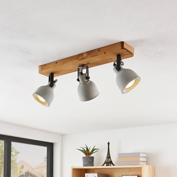 Lindby Spot Mitis, 50 cm, 3-lamps, grijs, hout, beton, GU10