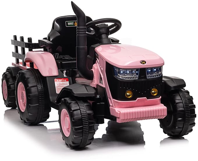 Triumpunpre - Elektrische Kindertractor 12V - Aanhanger - 6 Banden & 2 Motoren - Bluetooth & LED (Roze)