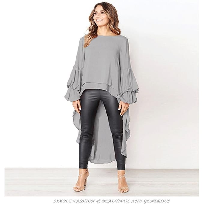 Pull à manches longues en mousseline de soie pour femme, haut irrégulier en mousseline de soie, automne et hiver M gris
