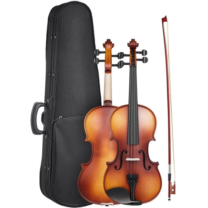 Violon 355mm Taille Complète Set de Violon Bois Massif pour Débutant Marron Mat