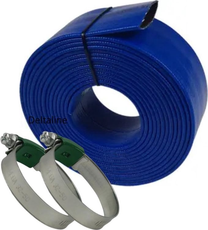 Plat oprolbare slang PVC 38 mm 3bar blauw 25m + 2 slangklemmen