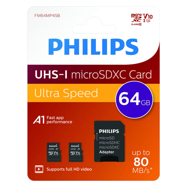 Philips FM64MP45D 2-Pack Micro SDXC kaart 64GB - incl. Adapter - Class 10 - UHS-I U1
