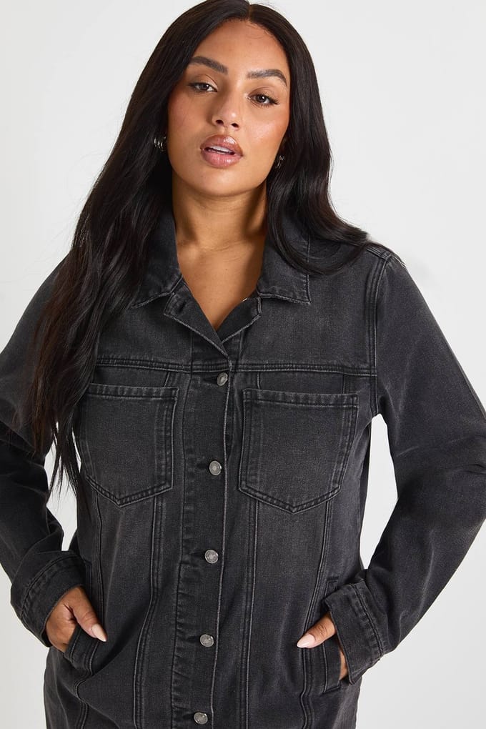 boohoo Dames Plus Western Denim Mini Jurk | Washed Black | Maat: 18