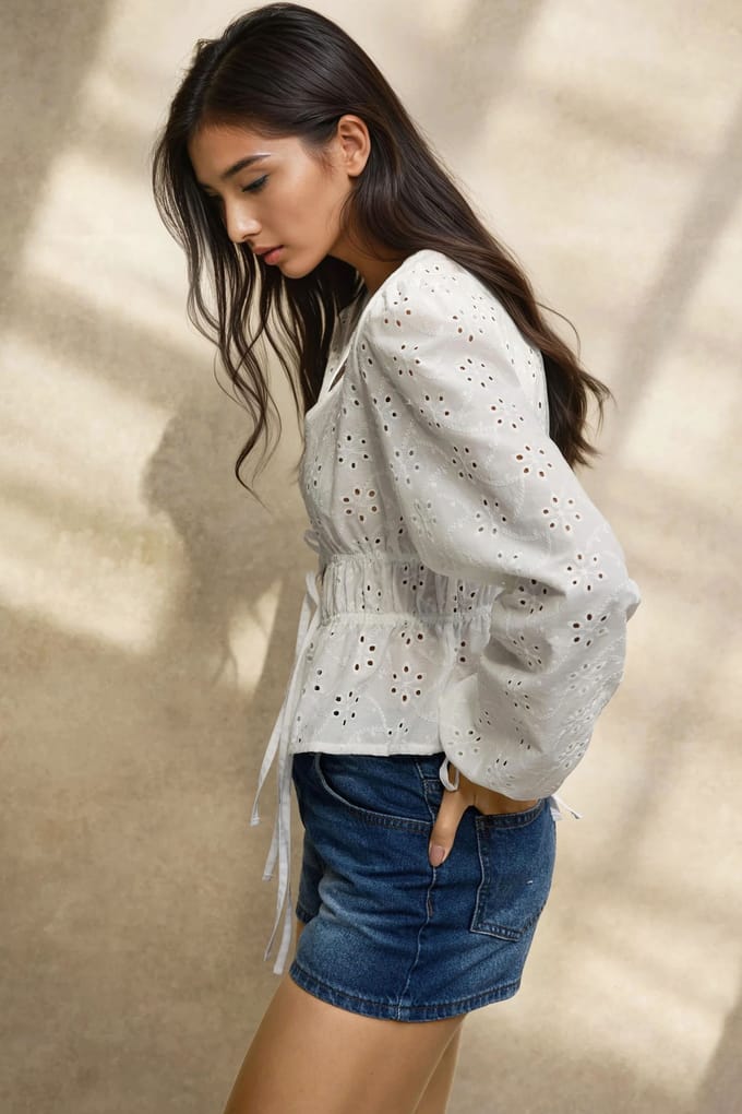 Elegante Textuur V-Hals Blouse met Ballonmouwen