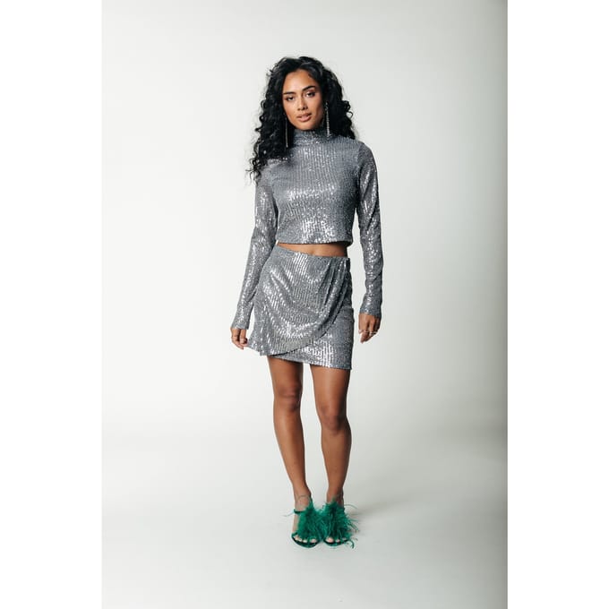 Colourful Rebel Jewel Sequins Cropped Turtleneck Top Silver Größe: M | Blusen Outlet | Damen | Grau