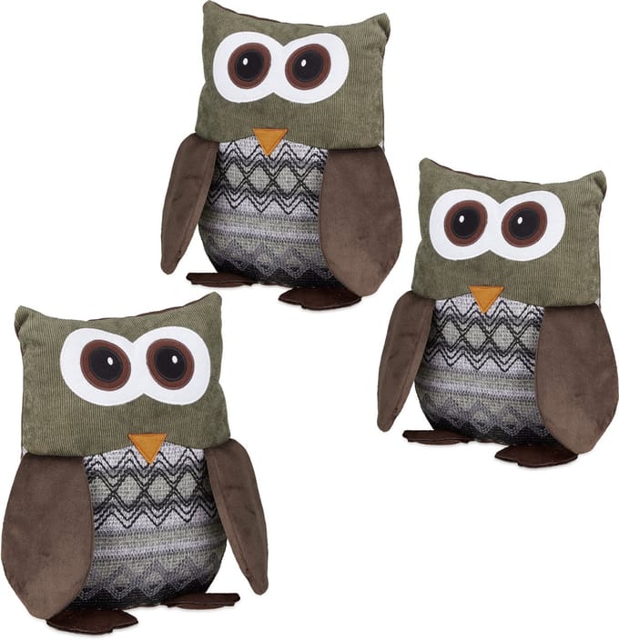 3 x deurstopper uil - deurstop dier - kinderen - van textiel - groot - zand