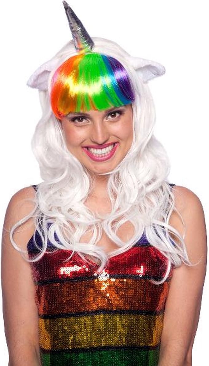 Folat - Pruik Wit Met Regenboog Pony Unicorn