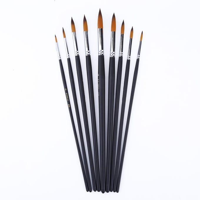 9 STUKS Puntige Tip Nylon Lange Houten Handvat Verfkwasten Set voor Olie Acryl en Aquarel white