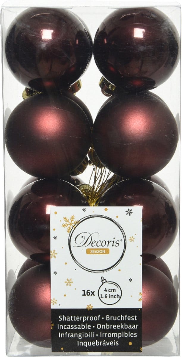 Decoris kleine kerstballen - 16x st - mahonie bruin - 4 cm - kunststof - kerstversiering
