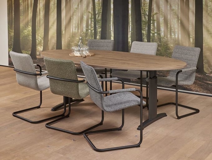Vergadertafel Work ellips 220x110cm frame Wit (RAL9010) blad Antraciet eiken