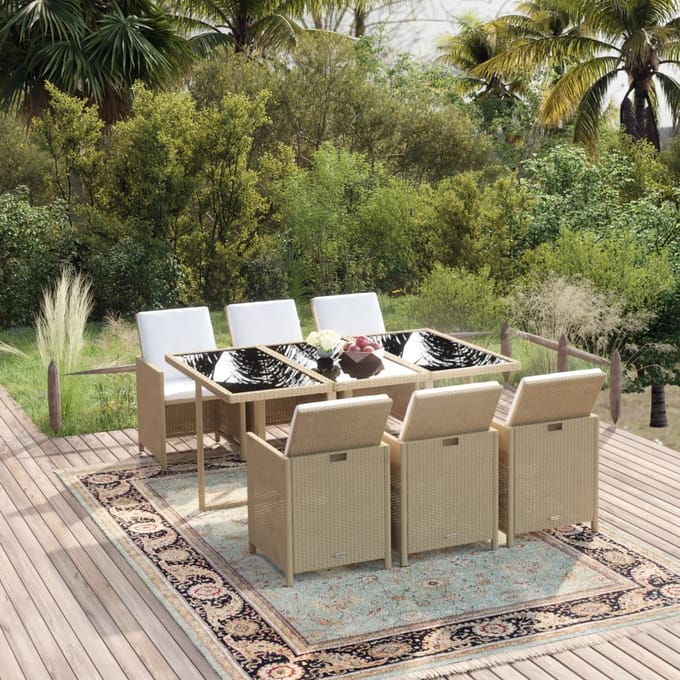 vidaXL - 7-delige - Tuinset - met - kussens - poly - rattan - beige