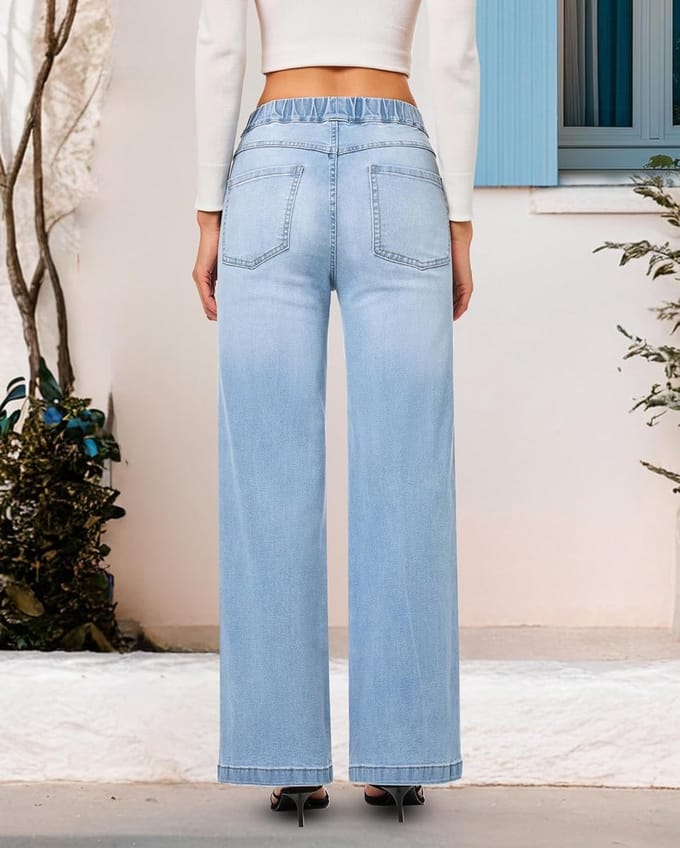 Dames Baggy Jeans met Elastische Taille - Hoge Taille & Wijde Pijpen