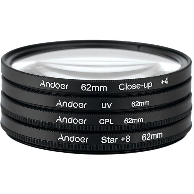 Andoer 62mm UV + CPL + gros plan + 4 + étoile Kit de filtre circulaire à 8 points filtre polarisant circulaire 62 mm black