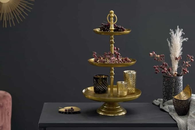 Design taartplateau ORIENT 50cm goud in wildhammerafwerking met drie niveaus - 41533
