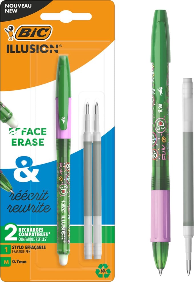 BIC Illusion Uitwisbare Balpen - Groene pen met 2 Navullingen - Medium Punt 0,7 mm - 1 Stuk