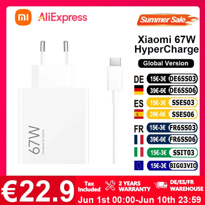 Xiaomi Hypercharge Combo Type A USB-oplader 67 W USB 3.2 Gen 1 stekker A (USB 3.0) QC 3.0, USB PD Wit Thuis Qualcomm Quick Charge 3.0, USB Power...