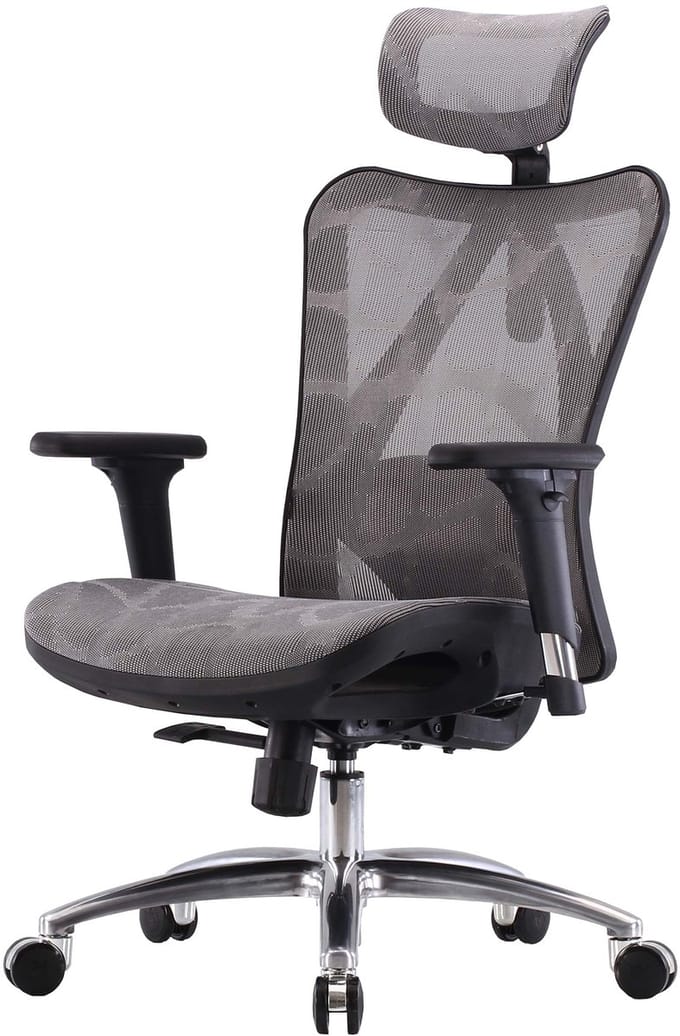 SIHOO bureaustoel bureaustoel, ergonomisch, verstelbare armleuning, 150kg belastbaar ~ grijze bekleding, zwart frame