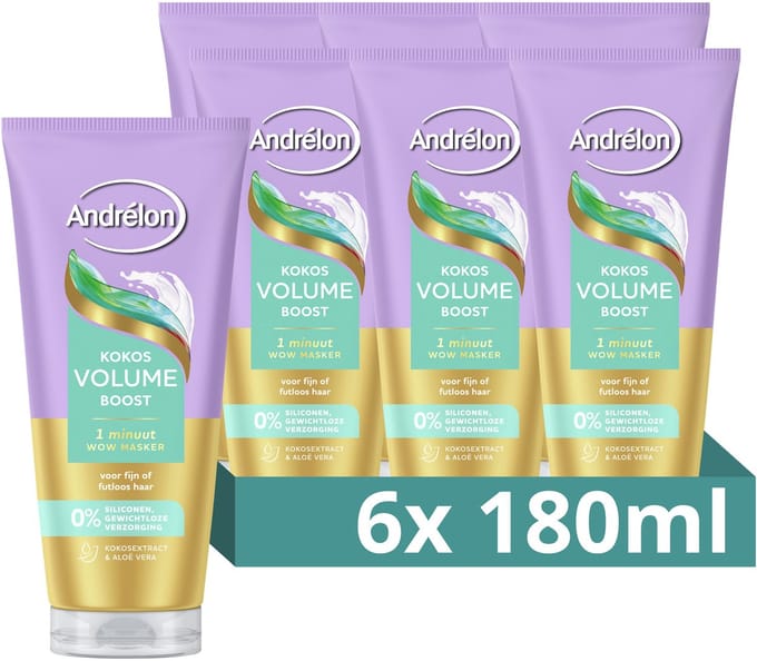 Andrélon - 1 Minuut WOW Haarmasker - Kokos Volume Boost - 6 x 180 ml