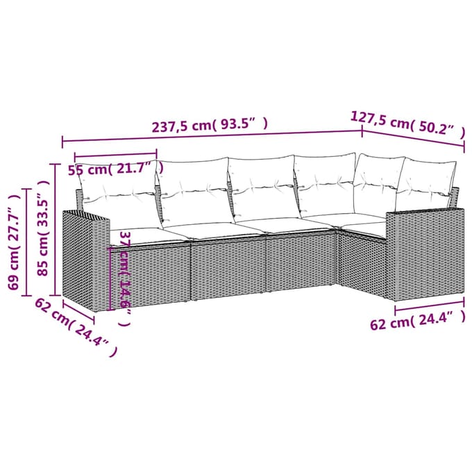 vidaXL - 5-delige - Loungeset - met - kussens - poly - rattan - lichtgrijs