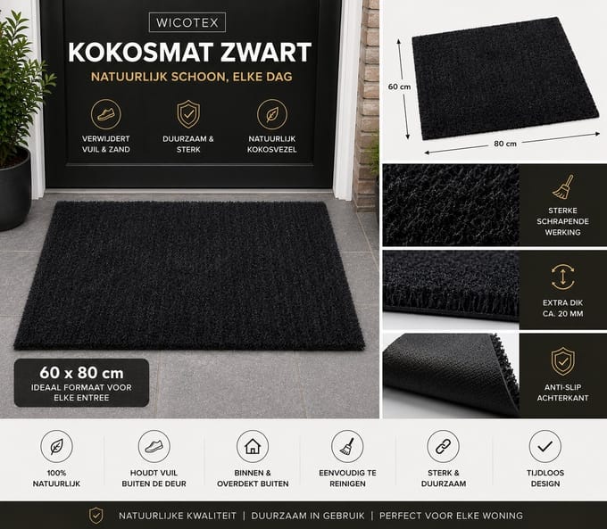 Kokosmat - Deurmat - Kokosmat - Schoonloopmat - Kleur zwart - Afmeting 60x80cm